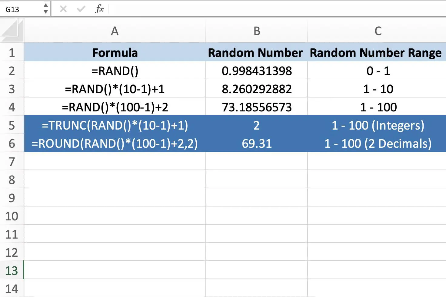 Captura de tela do Excel mostrando as funções TRUNC e ROUND