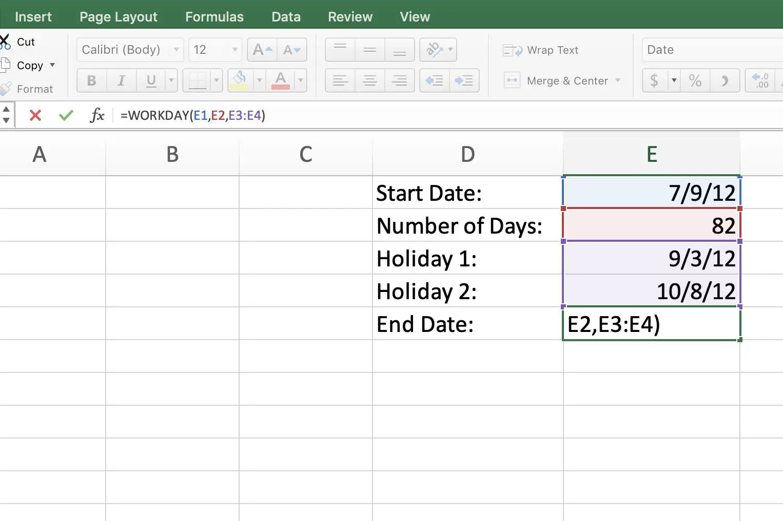 Excel com parâmetros da função WORKDAY