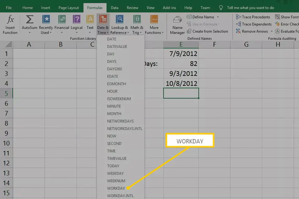 Item de menu WORKDAY do botão Date & Time no Excel