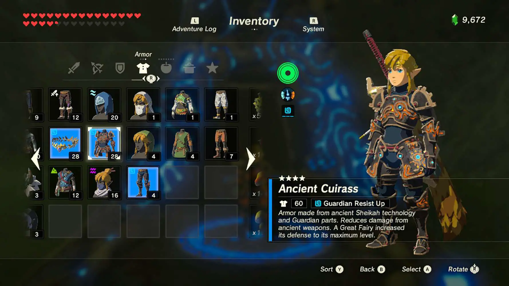 Captura de tela do inventor de Breath of the Wild mostrando uma armadura antiga