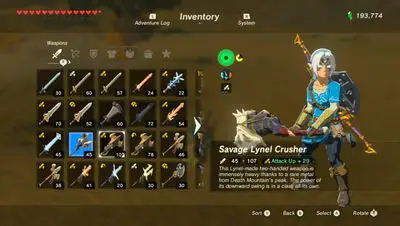 Link empunha o Savage Lynel Crusher em Zelda BOTW
