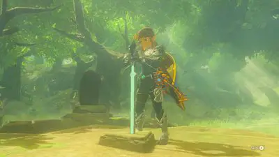 Puxando a Master Sword de seu pedestal em The Legend of Zelda: Breath of the Wild