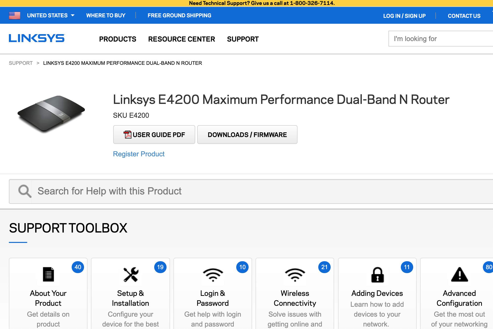 Captura de tela da página de suporte Linksys E4200