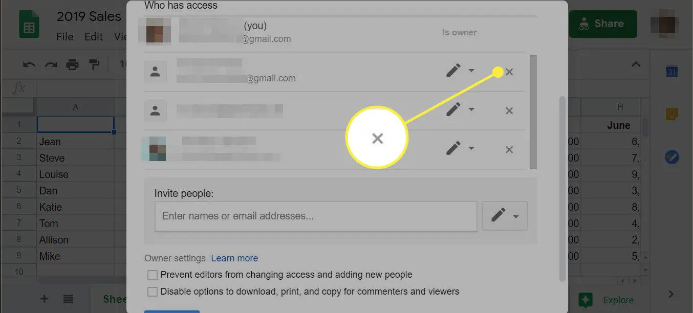 Uma captura de tela da janela de compartilhamento do Planilhas Google com o botão Remover usuário destacado