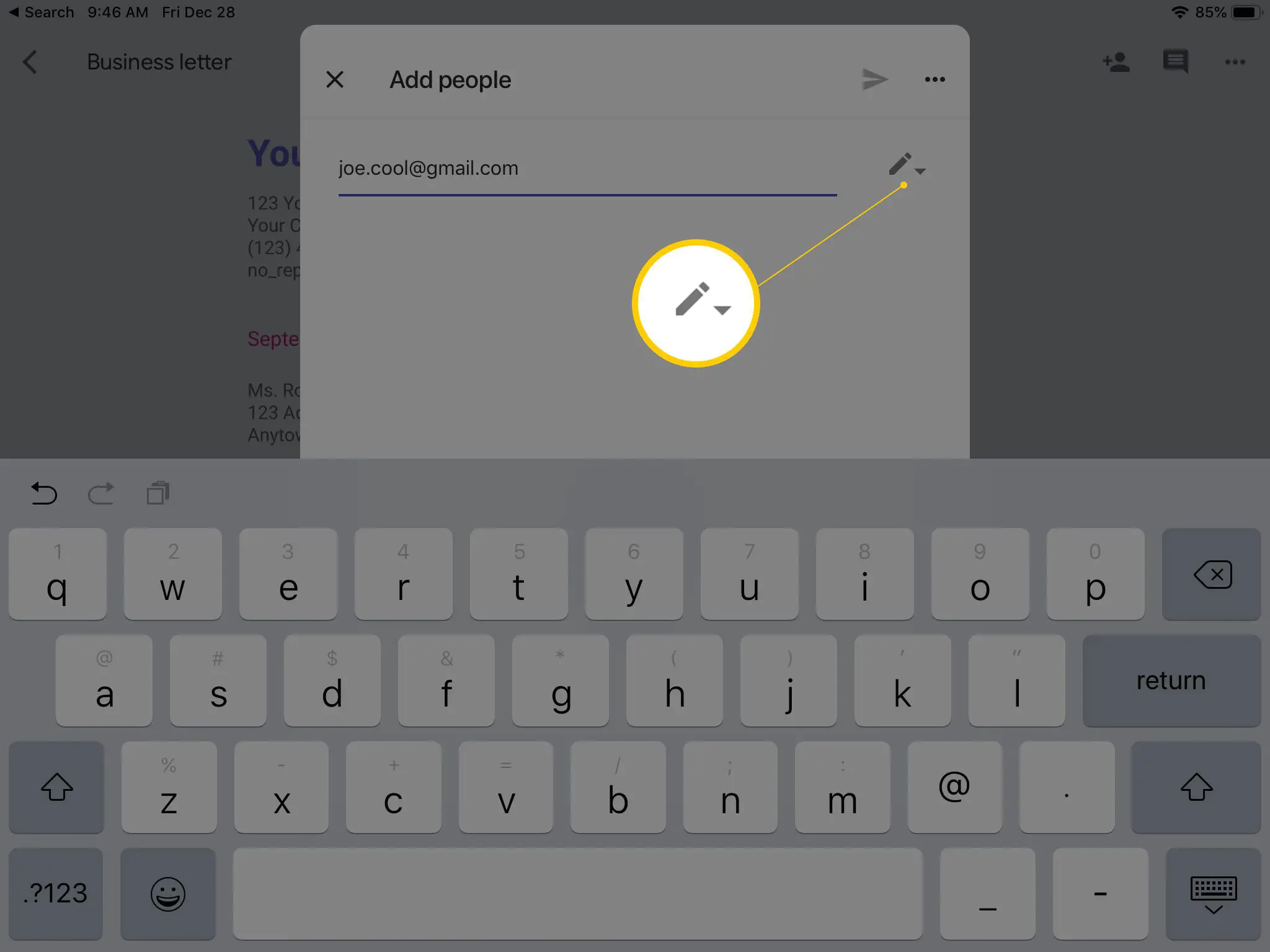 Botão Editar para permissões ao compartilhar documentos do Google no iPad
