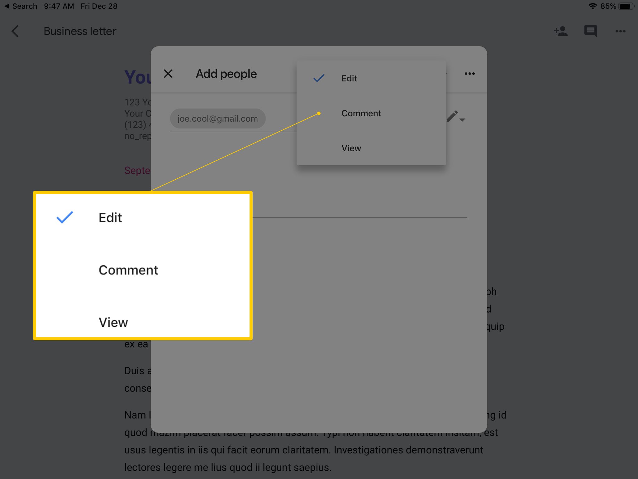 Editar, comentar ou visualizar opções na caixa de diálogo Adicionar pessoas no Google Docs no iPad