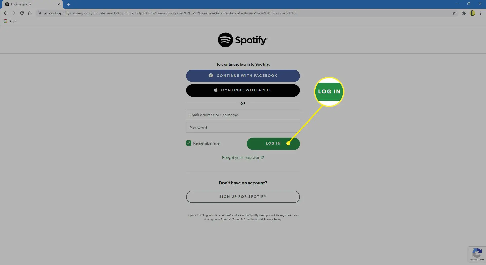 Selecionando Log In no site Spotify.
