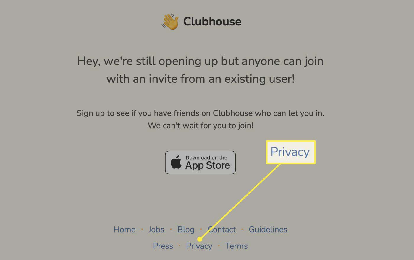 Botão de privacidade destacado na parte inferior do site do Clubhouse.