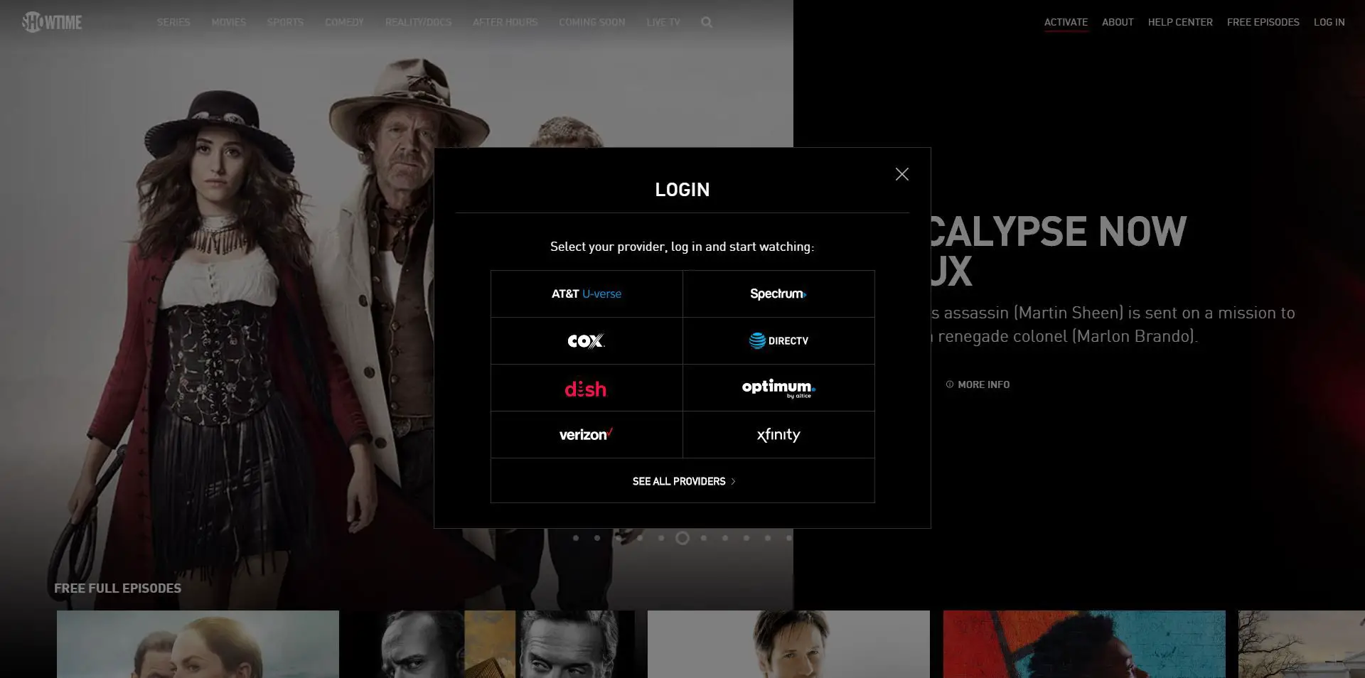 Captura de tela do login do Showtime Anytime no navegador da web