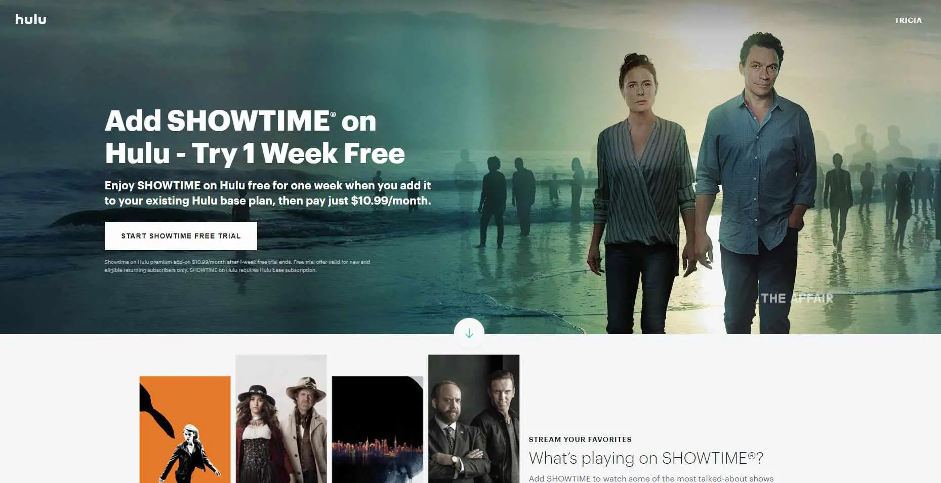 Captura de tela mostrando o complemento Showtime para Hulu