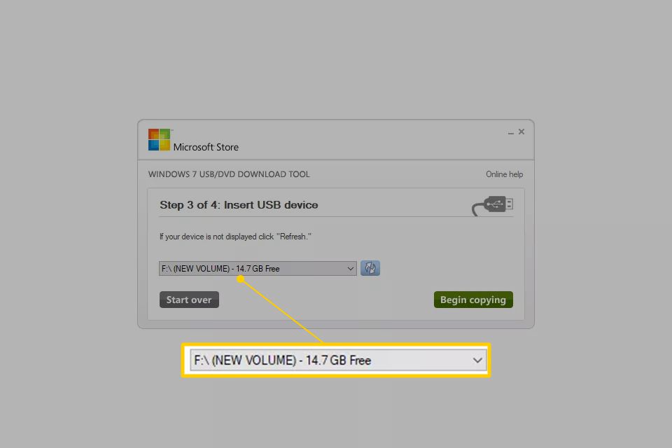 Nova unidade Volume F na ferramenta de download USB do Windows 7
