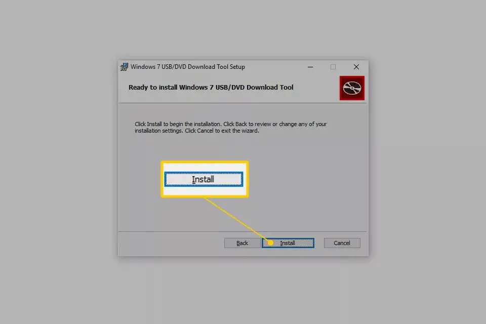 Botão de instalação para configuração da ferramenta de download de USB / DVD do Windows 7