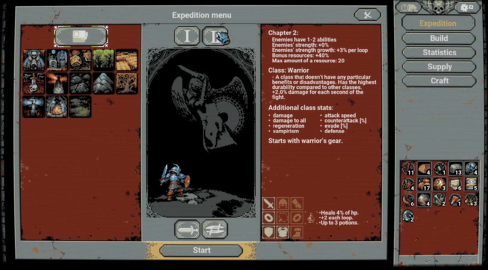 Captura de tela de um menu de expedição em 'Loop Hero'.