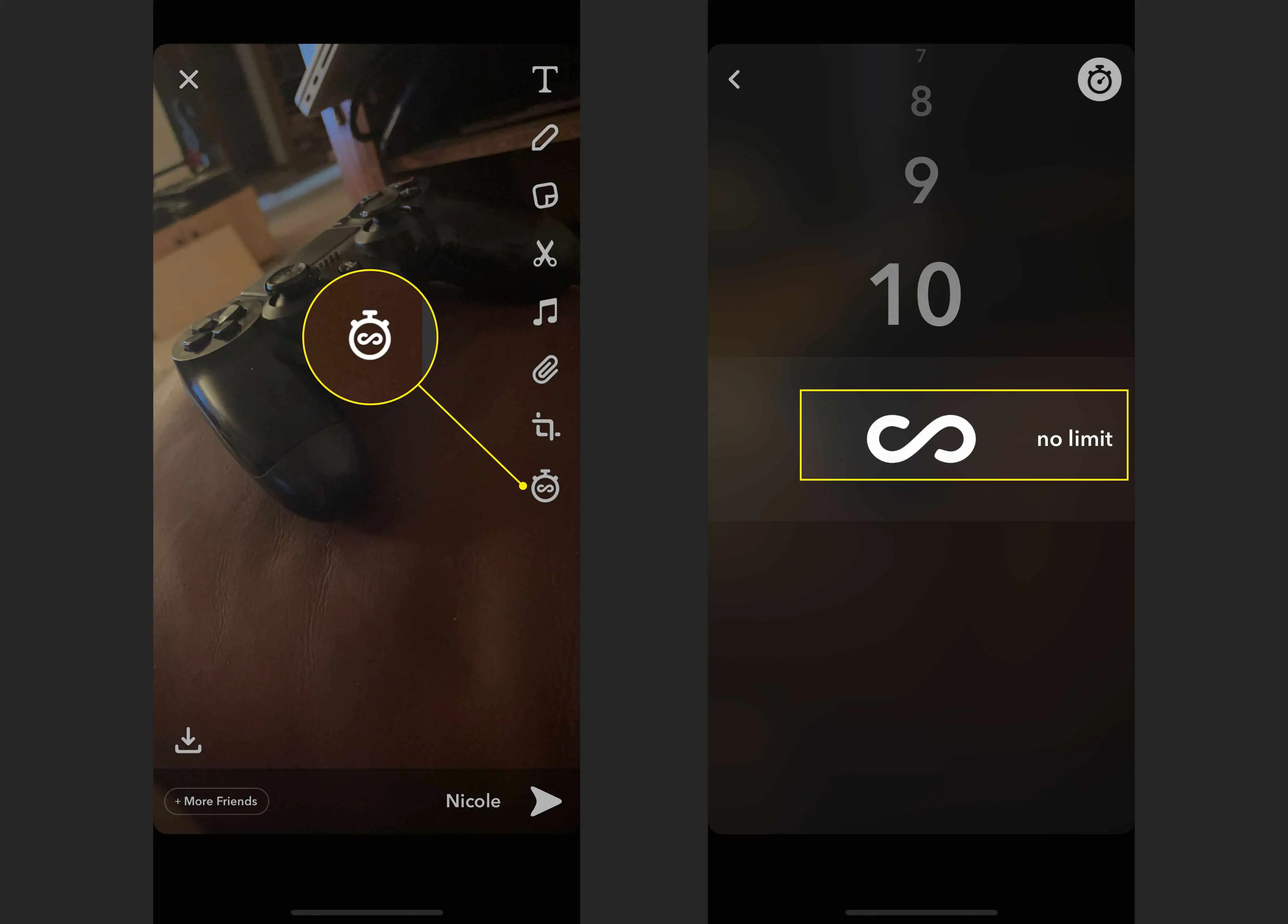 Configurações de temporizador para uma foto Snap no Snapchat