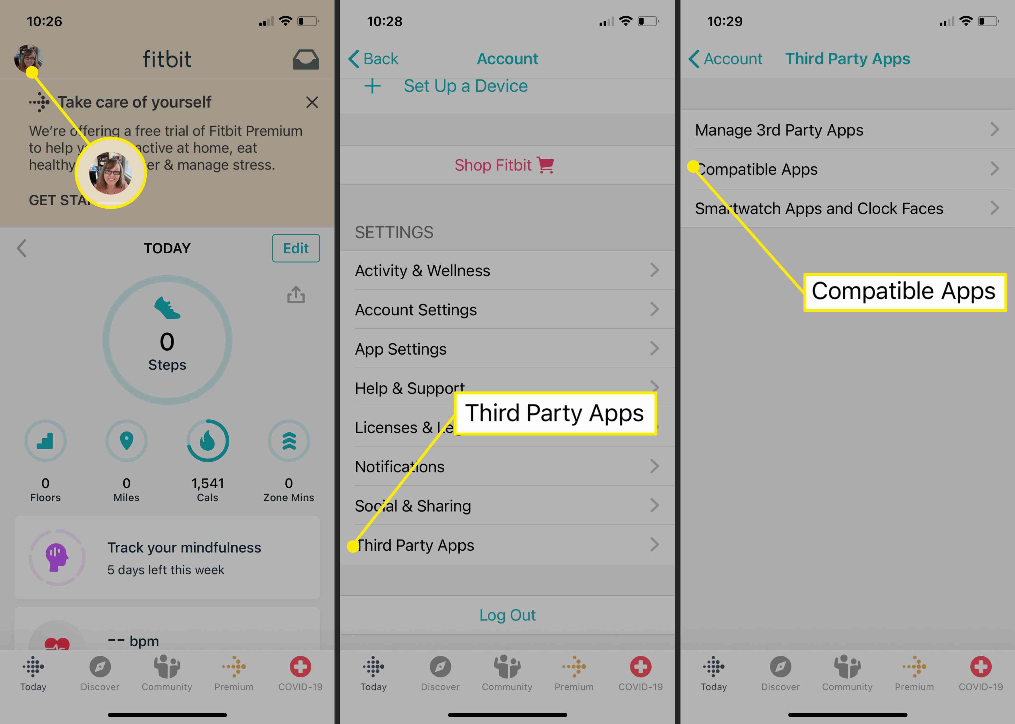 Capturas de tela dos aplicativos Fitbit mostrando como chegar à opção Aplicativos compatíveis.