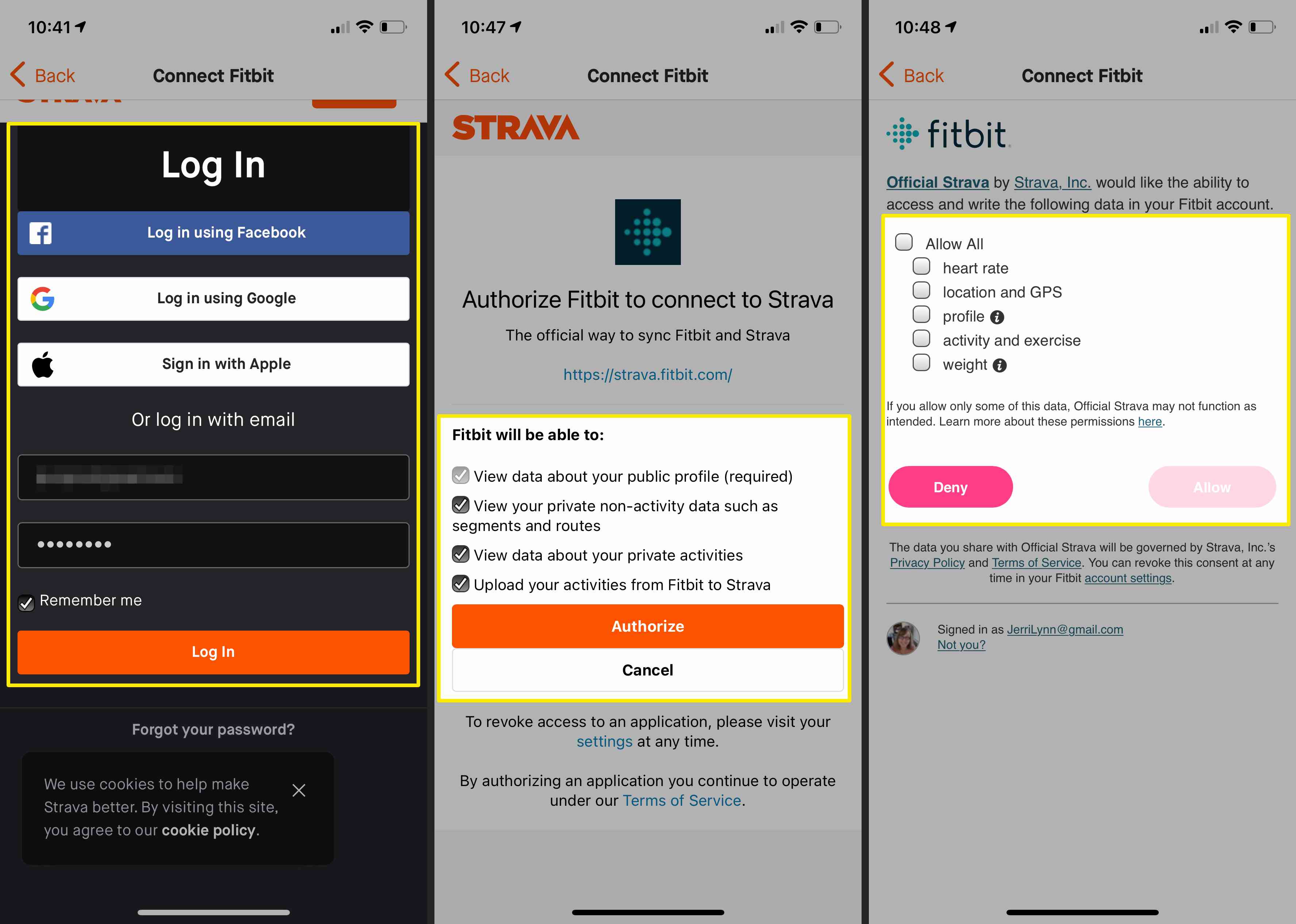 As capturas de tela mostram o login e as permissões ao conectar o Strava e o Fitbit.
