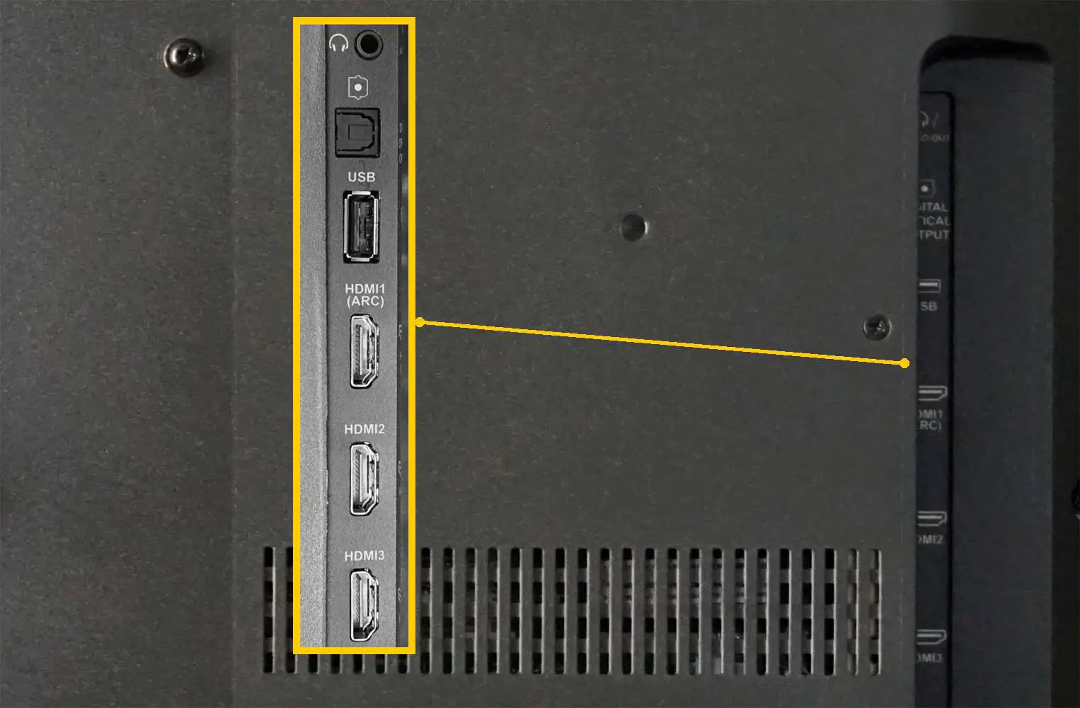 Conexões de TV - HDMI, USB, óptico digital, fone de ouvido