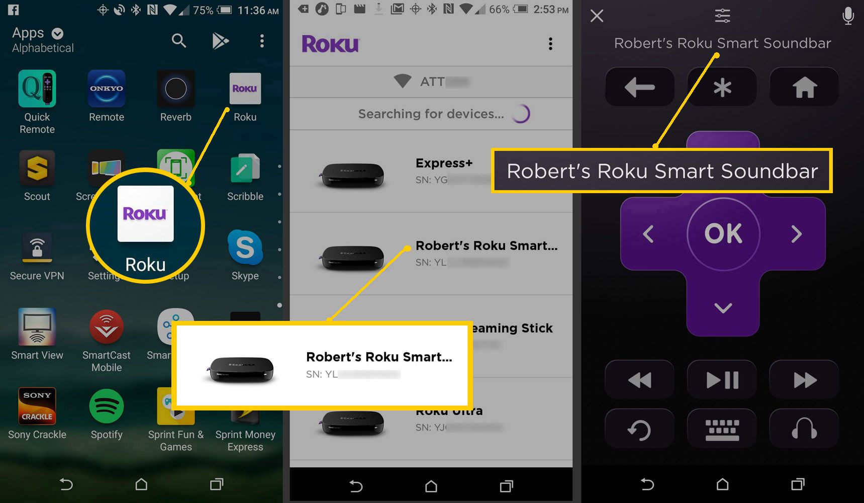 Roku Mobile App - Selecione Roku Soundbar
