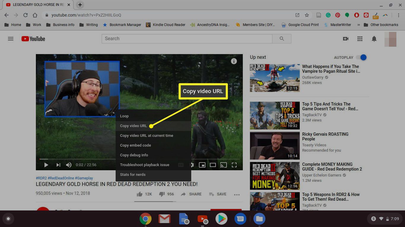Chromebook com menu do botão direito e Copiar URL do vídeo selecionado
