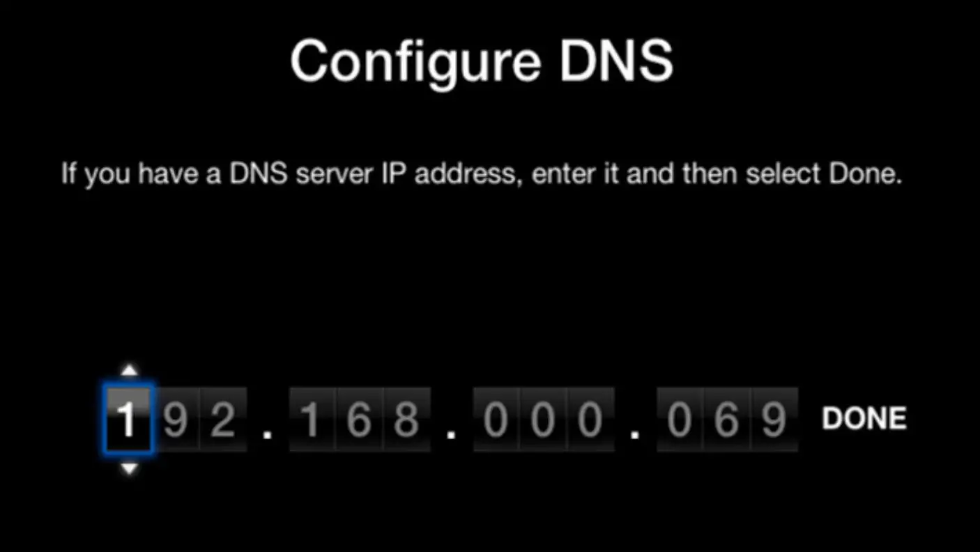 Tela de configuração de DNS da Apple TV