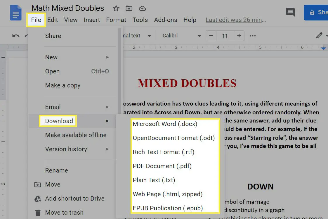 Baixe as opções de formato de arquivo no Google Doc.