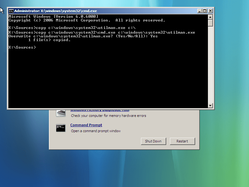 Utilitário do Windows Vista e comandos de cópia cmd