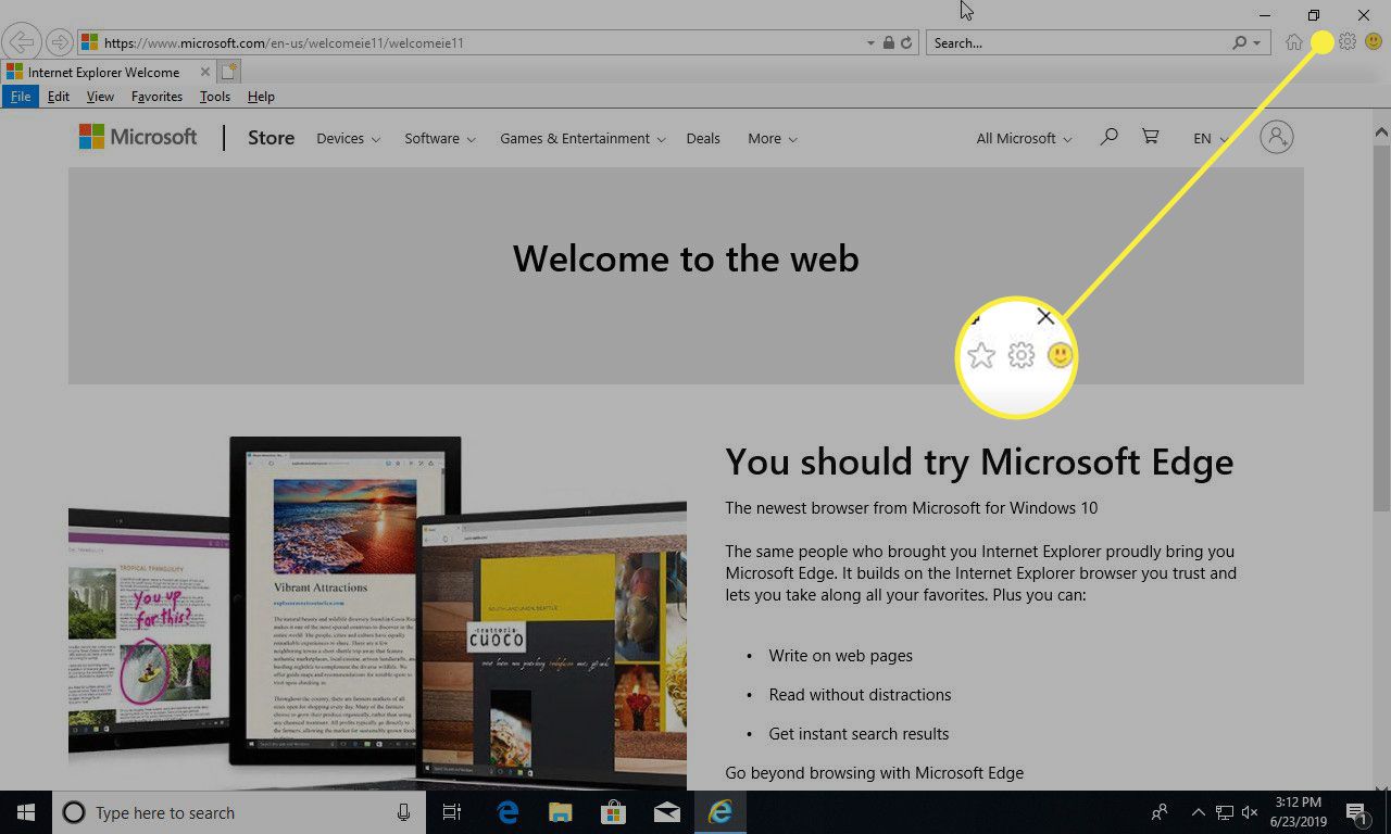 Internet Explorer com a roda dentada de configurações destacada