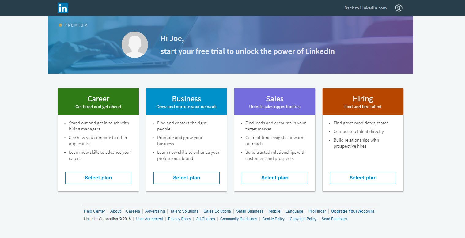 Captura de tela da página de atualização do LinkedIn, mostrando os quatro planos de atualização disponíveis.