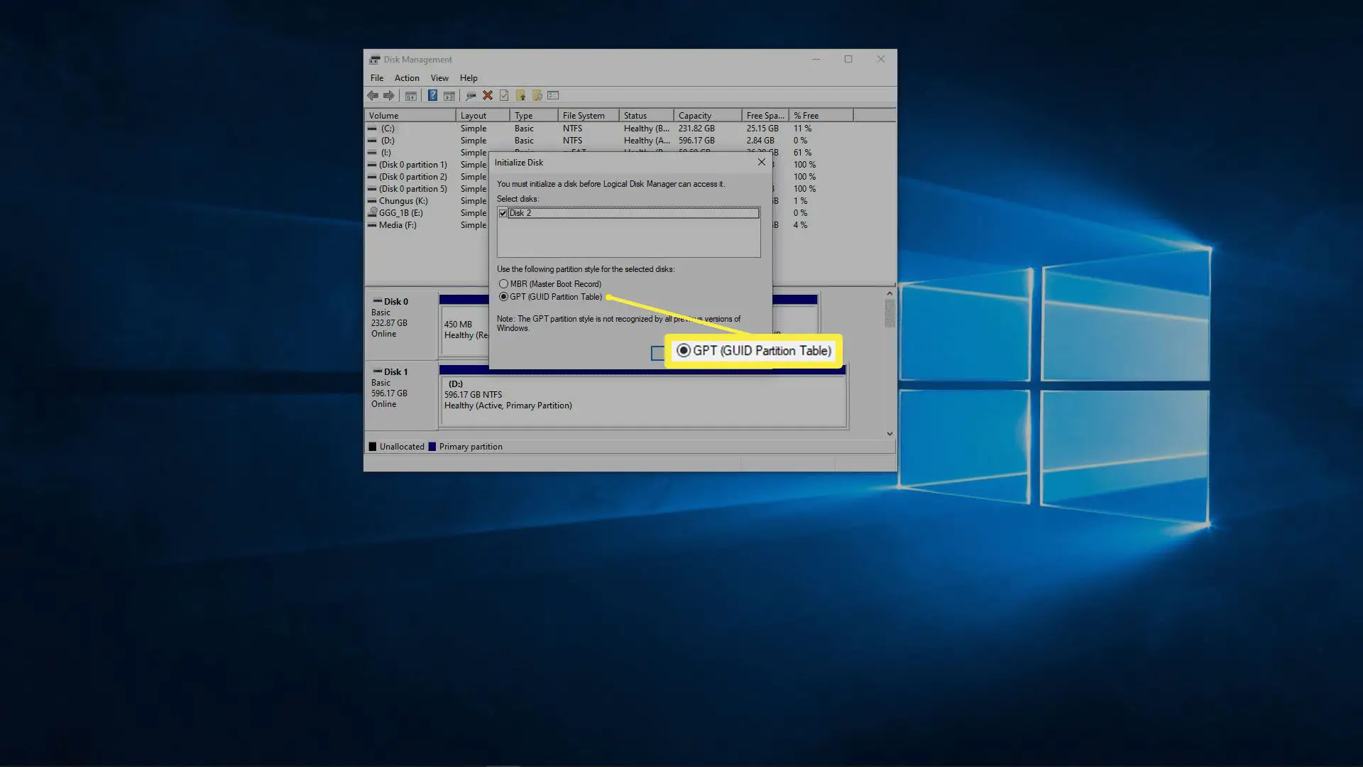 Uma captura de tela do Gerenciamento de disco no Windows.