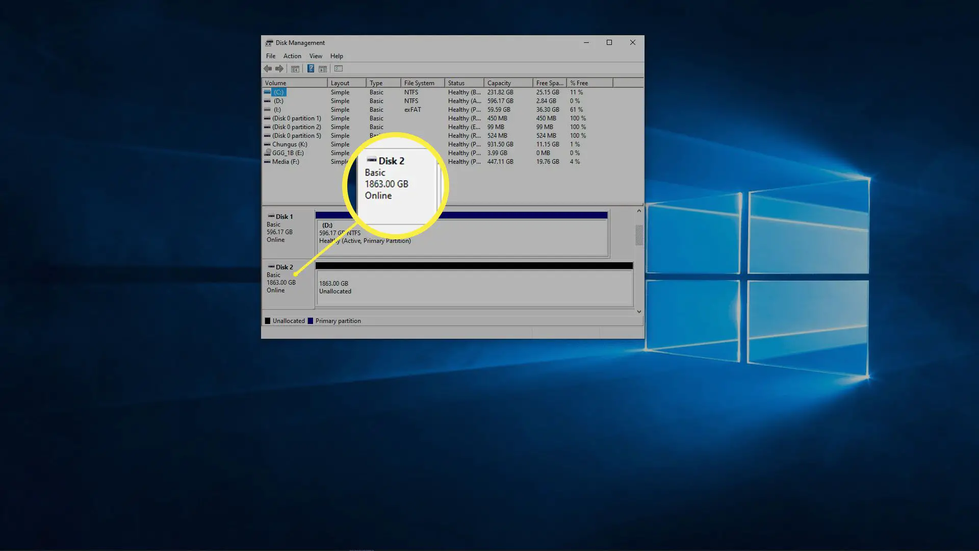 Uma captura de tela do gerenciamento de disco do Windows.