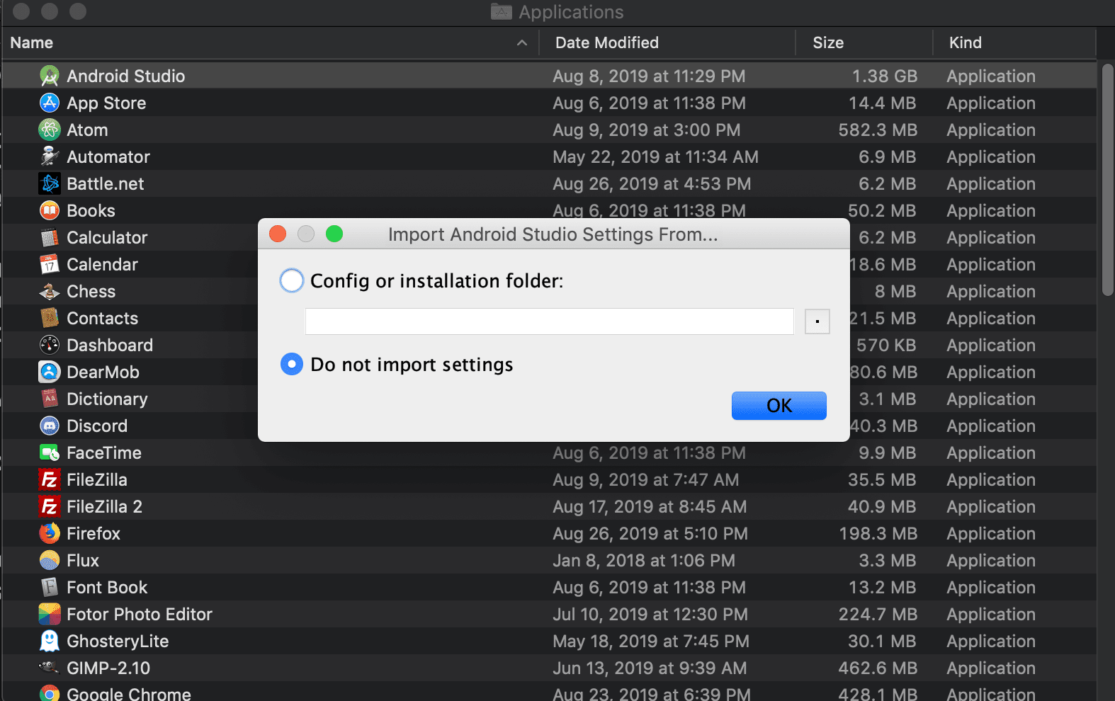 captura de tela da caixa de diálogo Importar configurações do Android Studio no macOS