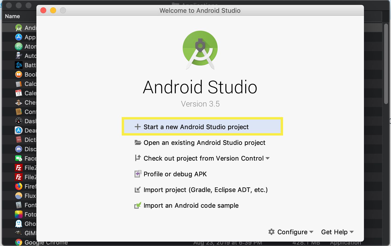 Android Studio inicia novo projeto