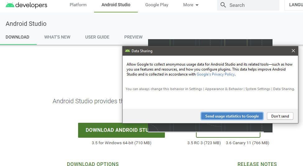 captura de tela do compartilhamento de dados do Android Studio