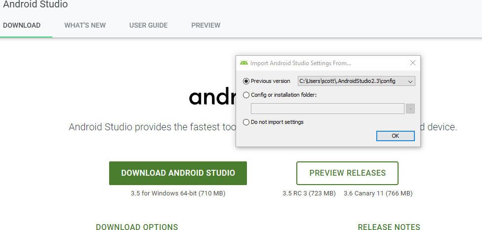 captura de tela da interface de configurações de importação do Android Studio