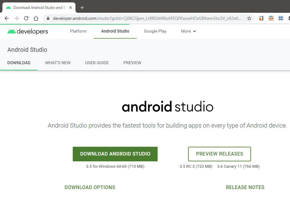 captura de tela da página de download do Android Studio no Windows