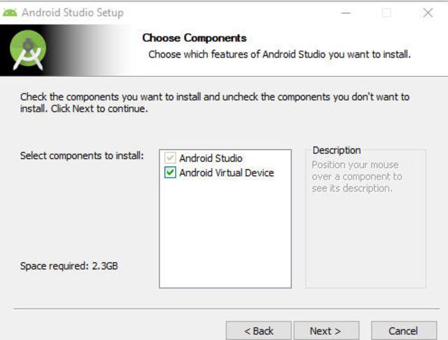 captura de tela da tela Escolher componentes do Android Studio