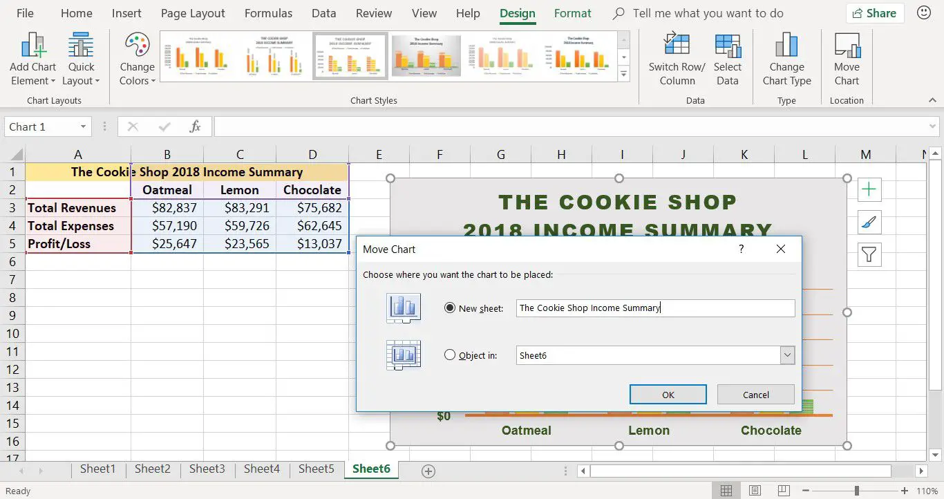 Uma captura de tela mostrando como mover um gráfico para uma nova planilha no Excel