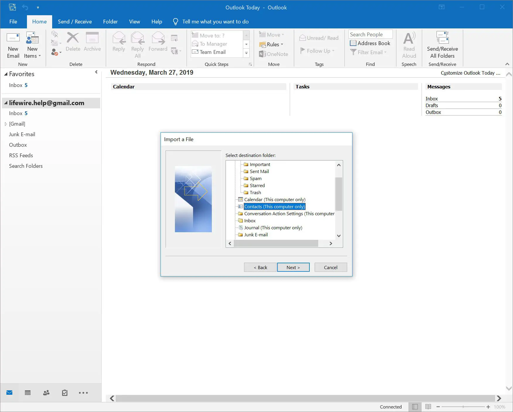 Importar uma janela de arquivo com a pasta Contatos no Outlook 2016