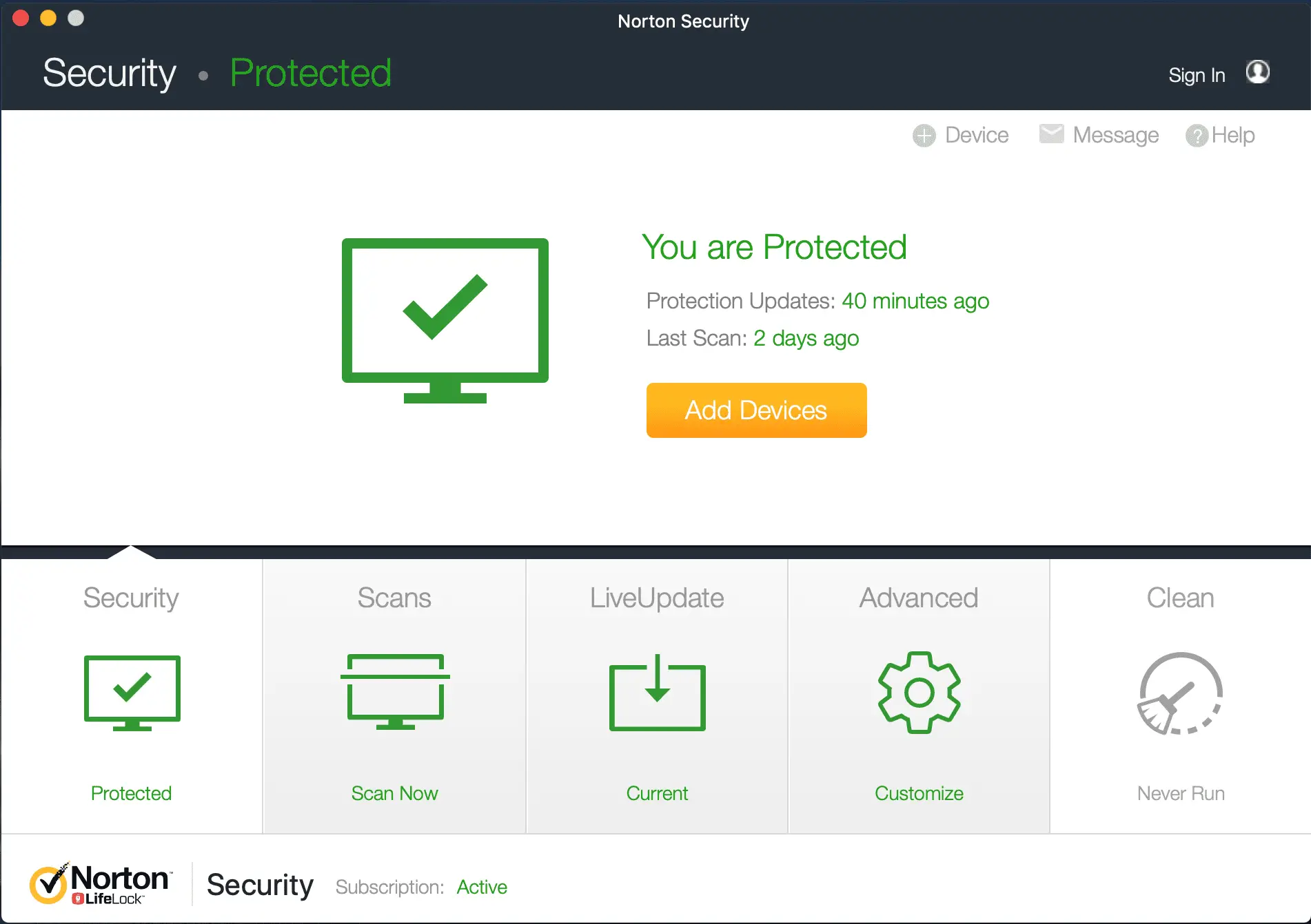 Uma captura de tela do painel do Norton Security no macOS