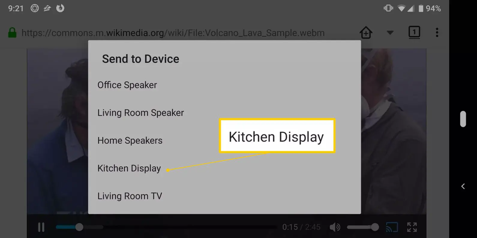 Opção de exibição de cozinha em Enviar para dispositivo no Firefox para Android