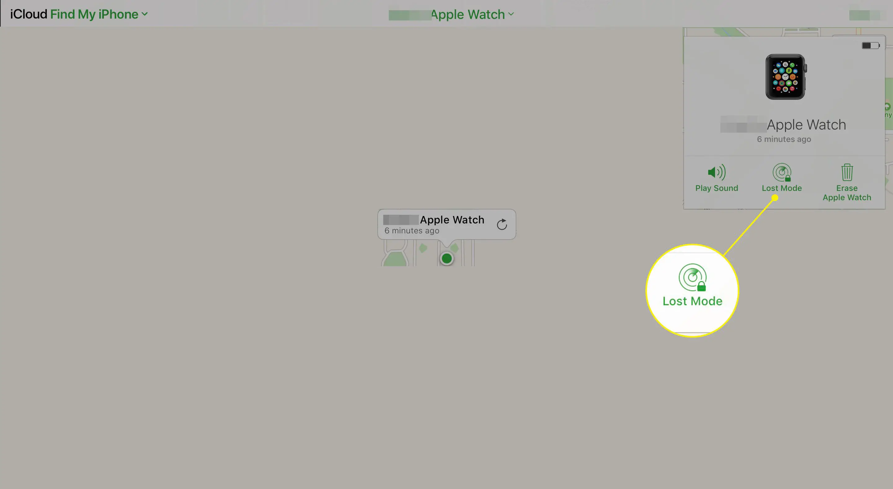 Um Apple Watch no menu Todos os dispositivos do iCloud