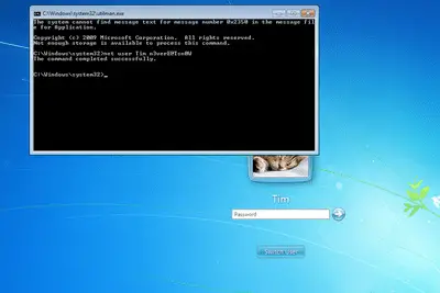 Captura de tela mostrando como usar o comando net user para redefinir uma senha do Windows 7 com cmd.exe