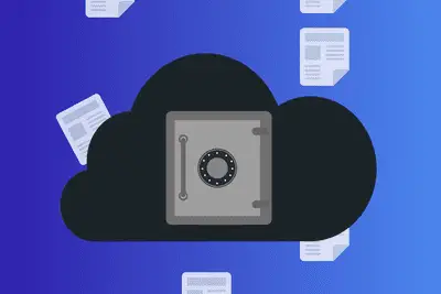 Ilustração de backup online com papéis flutuando em uma nuvem segura