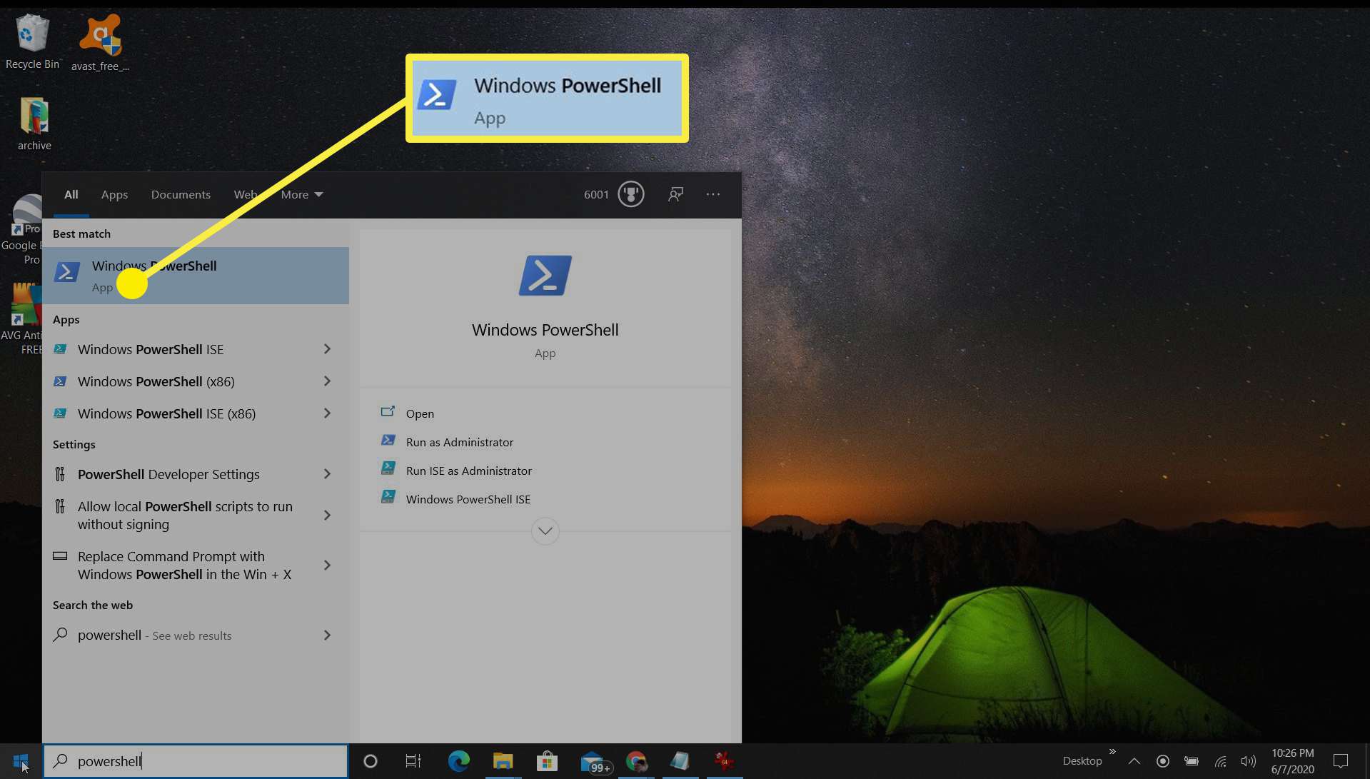 Captura de tela da abertura do PowerShell no Windows 10