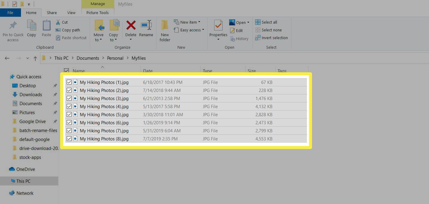 Captura de tela de arquivos renomeados no File Explorer