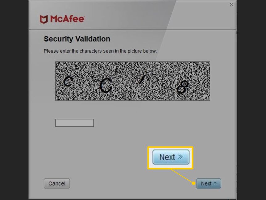 Botão Avançar na tela de validação de segurança da McAfee