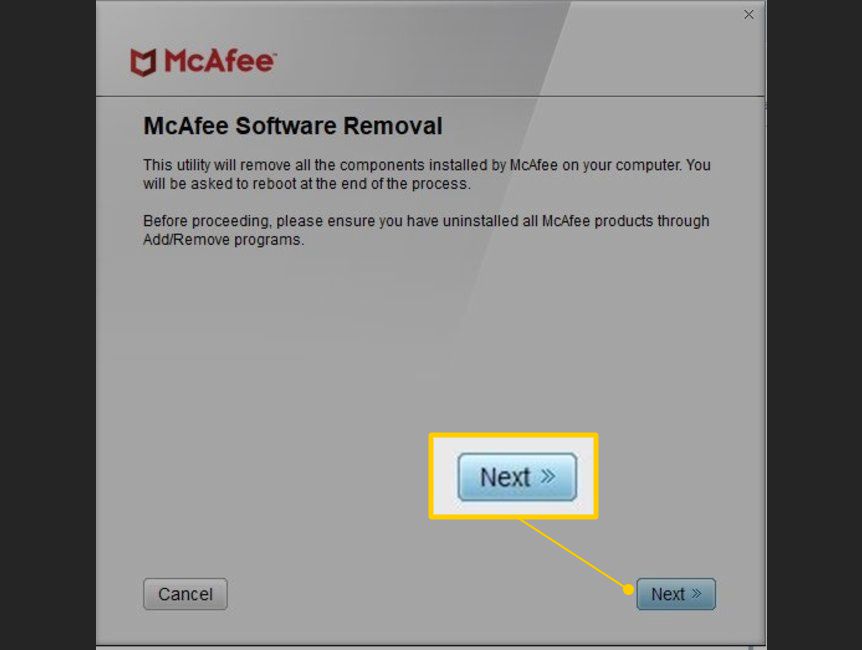 Botão Avançar na janela McAfee Software Removal