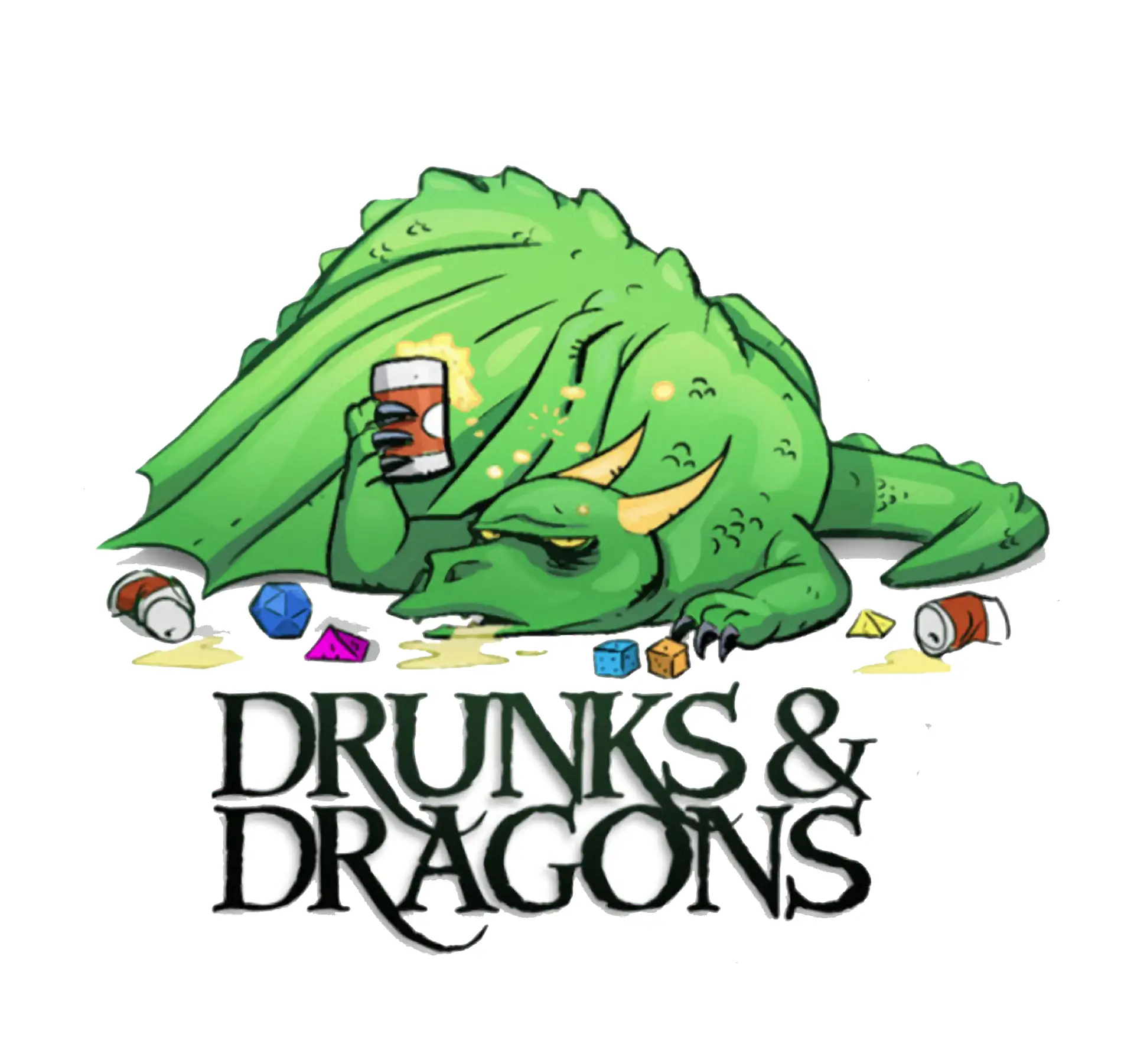 Logotipo dos Drunks and Dragons com um dragão bêbado.