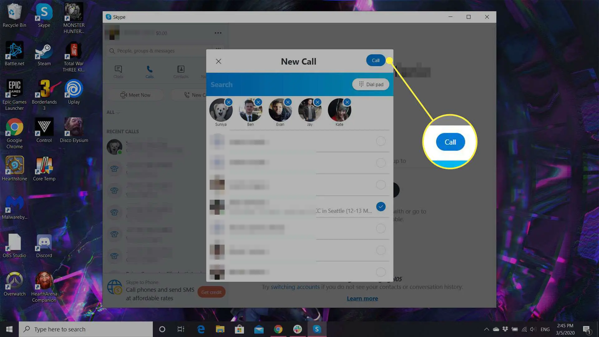 Uma captura de tela da janela de nova chamada do Skype com o botão Chamar destacado