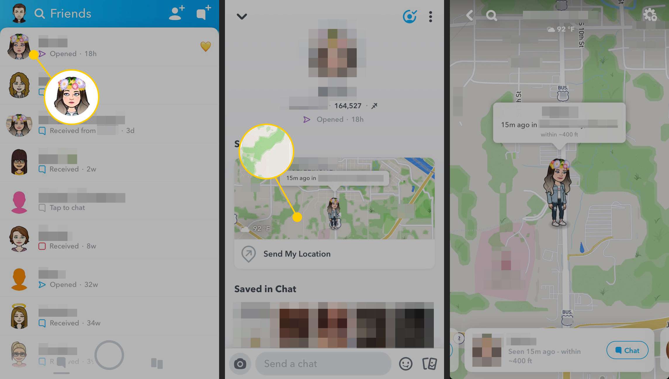 Acessando o Snap Map por meio da guia Amigos em um iPhone